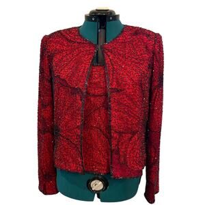 Andretta Donatello Women’s XL Red Hand Beaded Silk Jacket & Tank Top Set Formal